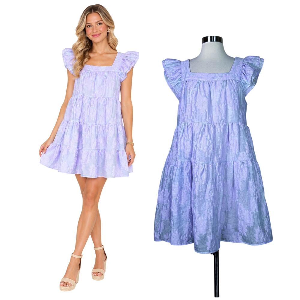 Entro | Lavender Floral Jacquard Ruffle Sleeve Tiered Flowy Mini Dress Large